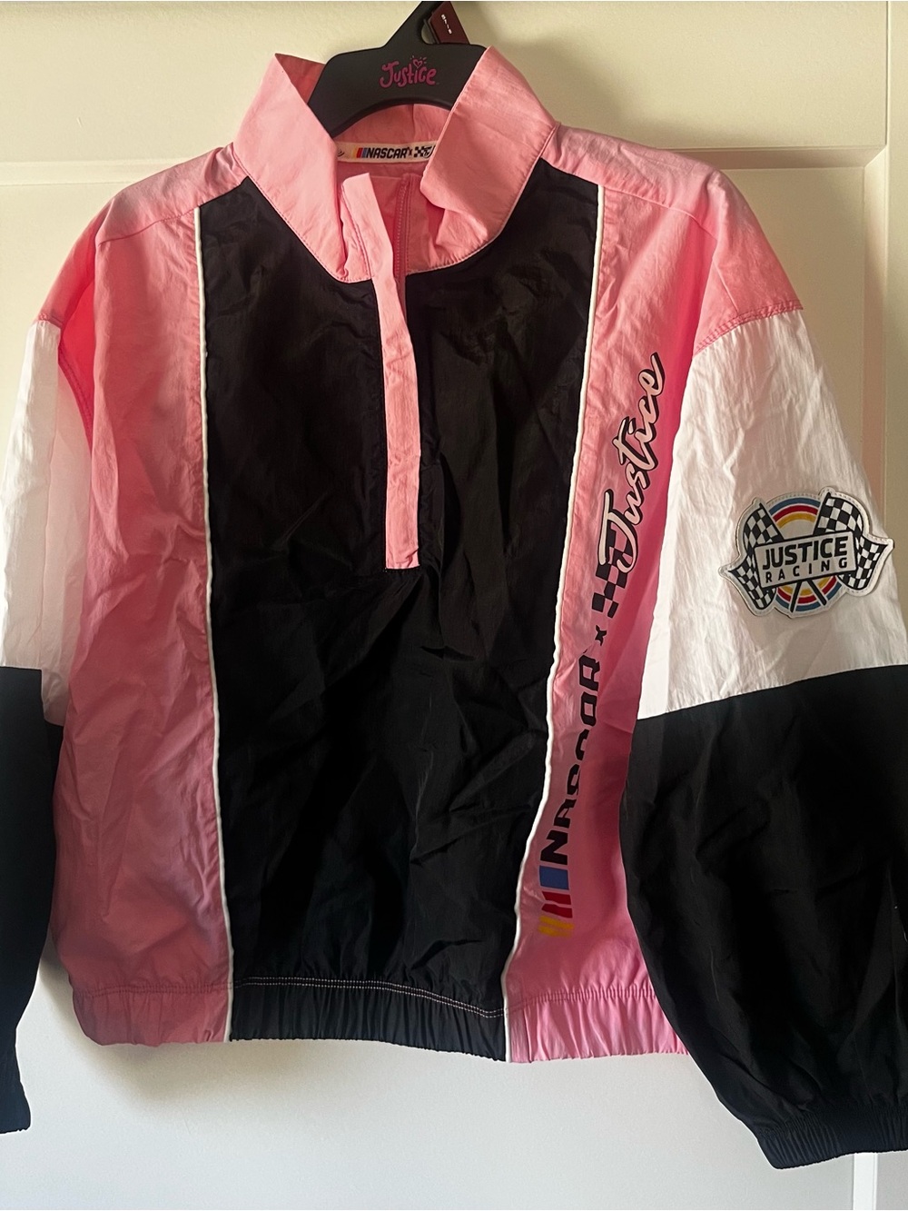 Justice Pink Black White NASCAR Colorblock Windbreaker Jacket